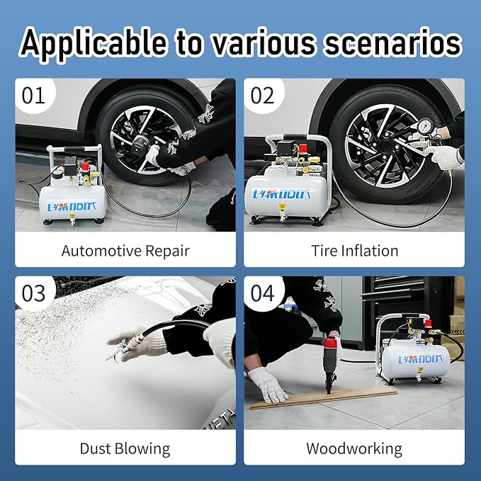 Quiet Oil-Free Electric Air Compressor, 68 dB, 1 Gallon Air Tank | Steel Tank Compressor for Woodworking, Nailing, Garage Use, Car Inflation and Pneumatic Tools, Includes Air Hose Kit