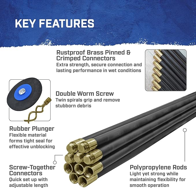 Faithfull FAIDRSET12 Drain Rod Set 9M (30ft) 10 x Rods, Plunger, Worm. Brass Rod Commectors