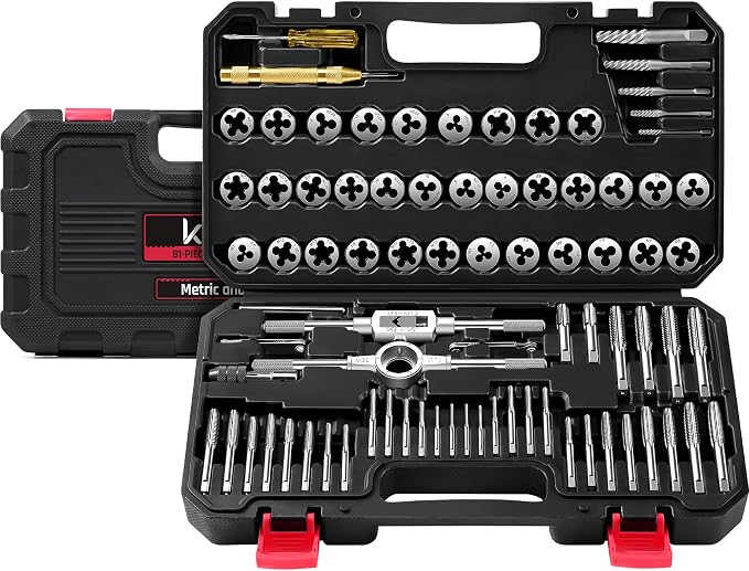 Kolvoii 81-Piece Tap and Die Set, SAE & Metric #4–1/2" & M3–M12, Heavy-Duty GCr15 Steel Rethreading Tool Kit with Coarse and Fine Threads for Internal and External Threads
