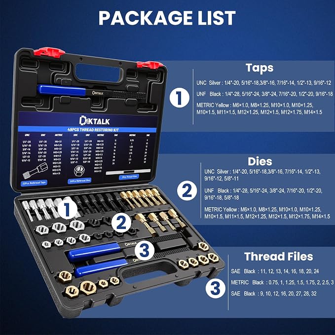 49-Piece Professional Thread Chaser Set, UNC UNF & Metric Thread Repair Kit with Taps, Dies, Thread Files, Automotive Wheel Stud Rethreading Tool Kit