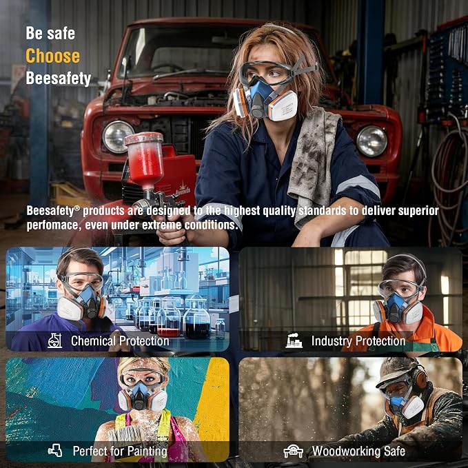 Half Face Respirator Mask with Safety Goggles, 2 A1 Organic Vapor Filters & 8 P2 Dust Filters, RD-518 Reusable Respirator for Painting,Dust,Gas, Sanding, Spraying, Chemicals, Cleaning