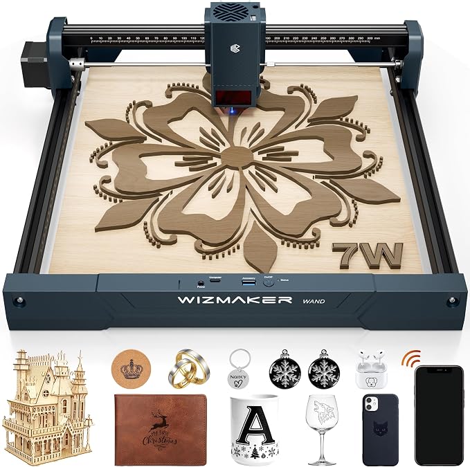 Wizmaker Wand Laser Engraver, 7W Output Power Engraver, 300x300mm Processing Area, 10000 mm/min Processing Speed, Suitable for Processing Wood, Leather, Coated Metal, Acrylic