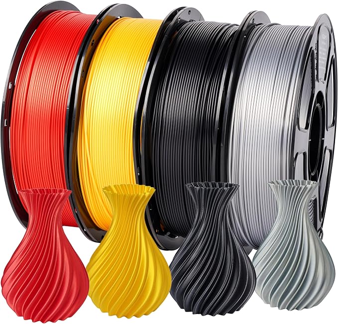 Silk PLA Filament Bundle 4kg, Shiny 3D Printer Filament 1.75mm Pack, Accuracy +/- 0.02mm, Neatly Wound, Smooth Silky 3D Printing Filament Kit, 4 Spools 1KG Each, Gold+Silver+Black+Red