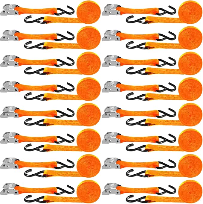 Riakrum 16 Pcs Cambuckle Tie Down Straps 1763lbs Break Strength Securing Straps 1'' x 15 ft Cambuckle Tie Downs with S Hook for Motorcycle, Kayak, Car, Truck, Boat Moving, Securing Cargo (Orange)