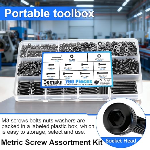 1015PCS M3 Screws Kit, M3x6/8/10/12/16/20/25/30mm Hex Socket Head Cap Screws Bolts Nuts Washers Kit, 12.9 Grade Alloy Steel Metric Machine Screw for 3D Printing
