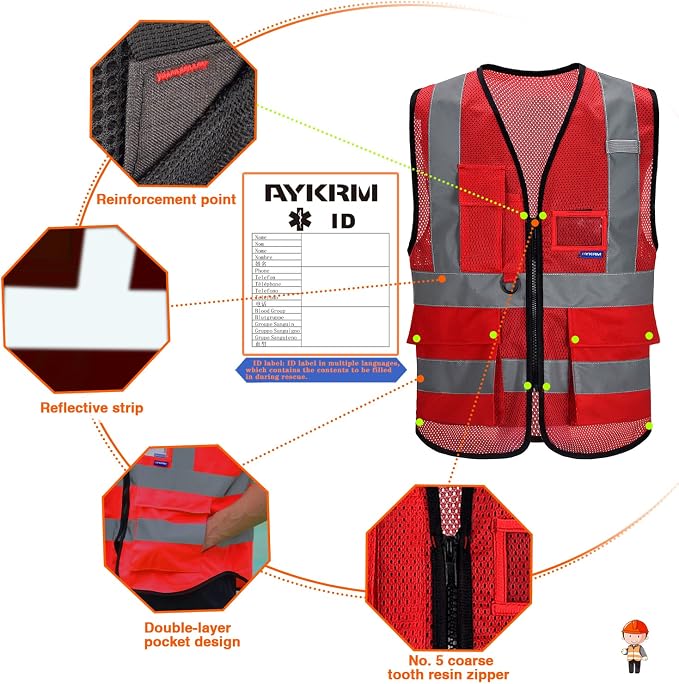 6XL 7XL 8XL red work vest with pockets Big and tall | Red 6XL-8XL mesh safety vest with 7 pockets, clear ID pocket and radio mic loop for emergency response; unisex workwear.