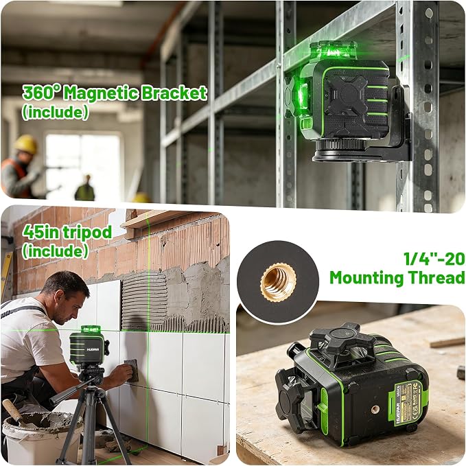 Huepar 360 Laser Level with Tripod, Self-Leveling Green Lazer Leveler Tool | 60-inch Drop Protection, Premium Storage Case, Full Accessory Set, Pulse Mode, Brightness Adjustment, Green Glasses