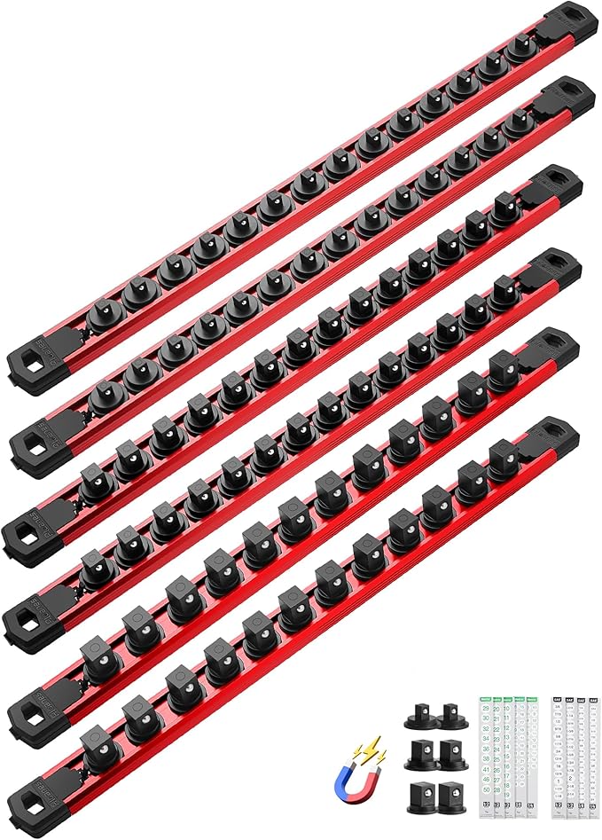 ALOANES Magnetic Socket Organizer Set, 6PC Heavy Duty Aluminum Socket Holder Organizer, 360° Swivel Clips Socket Holder Kit for Toolbox Drawer Fit 1/2, 3/8, 1/4-Inch x 80 Clips (Red, 6PC)
