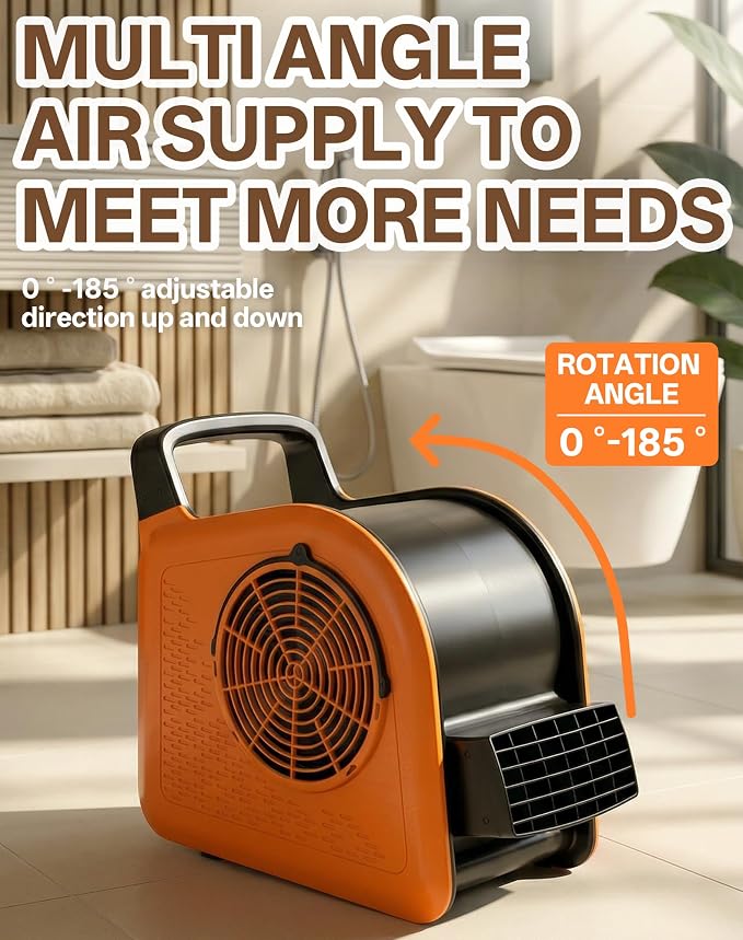 Air Mover Blower Fan, Drying Cooling Ventilating, Removable Filter Screen, 185° Rotation, 3 Adjustable Speeds, 2 AC Outlets, Portable Blower for Home, Garage, Workshop and Job Site, Orange
