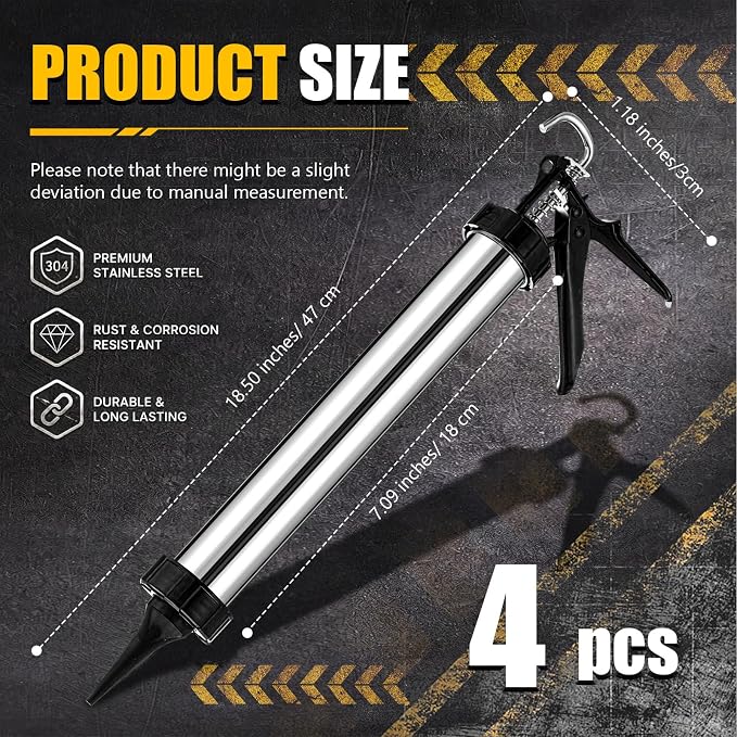 4 Pack Sausage Caulking Gun, 20 oz Stainless Steel Caulk Gun with 4 Cone Nozzles, 18: 1 Thrust Ratio, Heavy Duty Caulking Tools for Construction, Bathroom, Window