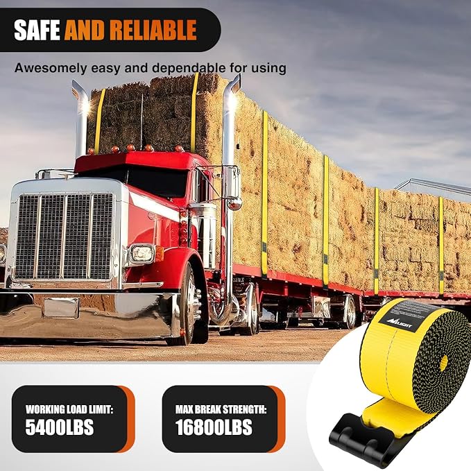Nilight Truck Straps 4" x 30' Heavy Duty Tie Down with Flat Hooks 16800LBS Break Strength & 5400LBS WLL for Flatbed Trailer Cargo Control Recovery Tree Saver Bright Yellow (10 Pack)