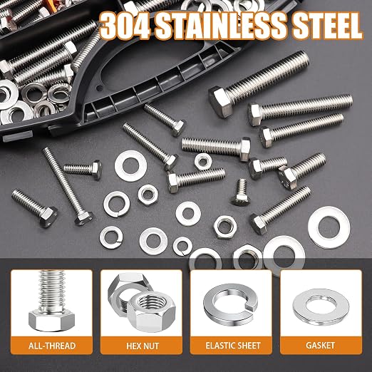 mankk 312PCS Hex Bolts and Nuts Assortment Kit,4 Sizes (1/4-20,5/16-18,3/8-16,1/2-13") 304 Stainless Steel Hex Bolts and Nuts Washers Kit Hardware Screws Set Flat & Spring Lock Washers