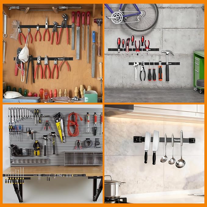 24" Magnetic Tool Holder Strip, 6 Pieces Black Metal Tool Organizer Rack with Stainless Steel Surface, Magnet Bar for Garage Workshop, Easy To Install with Mounting Screws