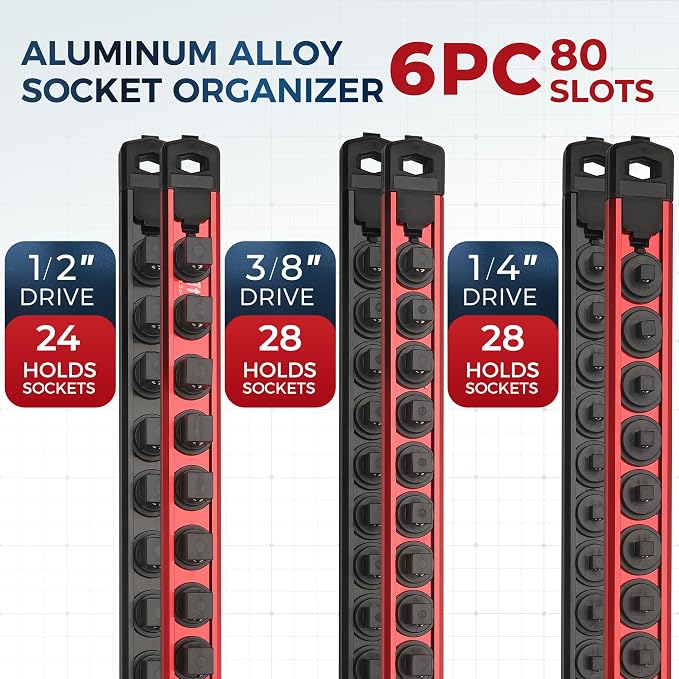 Reniteco Magnetic Socket Organizer Set, 6PC 1/2" 3/8" 1/4" Drive Aluminum Alloy Socket Holder with 80PC 360° Swivel Removable Clips, Magnetic Socket Rail for Tool Box Drawer, Red&Black