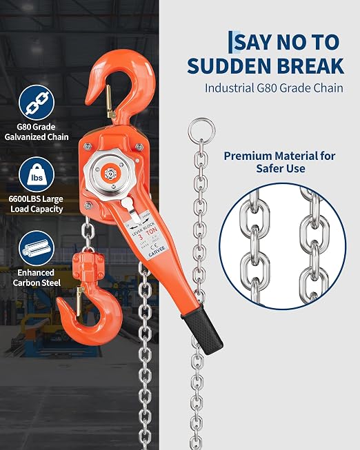 3 Ton (6600 LBS) Manual Lever Chain Hoist, 10 ft Heavy Duty G80 Galvanized Steel Come Along with Double-Pawl Brake & 360° Rotating Hooks for Garage Warehouse Construction Factory
