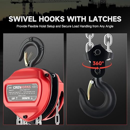 CREWORKS Hand Chain Hoist, 2 Ton 4400 lb Capacity 10 ft Manual Chain Hoist with G80 Load Chain & Double Guide Wheels, Heavy Duty Manual Lever Hoist for Construction Warehouse Automotive Factory