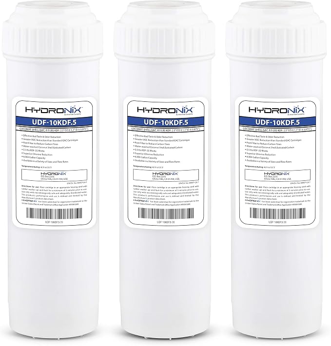 Hydronix HX-UDF-10KDF.5/3 Chlorine Cto Heavy Metals Bacteria Scale Reduction Water Filter with 0.5 Lb KDF, 2.5" x 10", 3 Pack, White