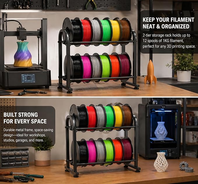 3D Printer Filament Storage Rack, 2-Tier Metal Filament Rack Holds 12 Rolls of 1KG, Heavy Duty Space Saving Filament Rack for Workshop Garage Home Studio