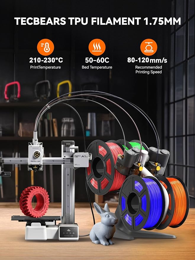 TECBEARS TPU Filament 1.75mm, 95A 3D Printer Filament, Flexible TPU Filament for Fast Printing, Dimensional Accuracy +/- 0.03mm, Fit Most FDM 3D Printers, White 1KG