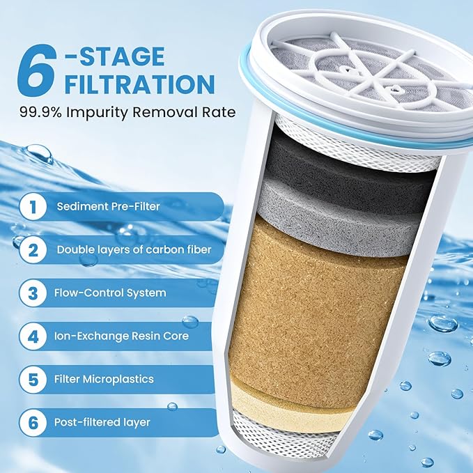 0 TDS Water Filter Replacement for Zero Pitcher & Dispenser | Upgraded 6-Stage Filtration | Removes 99.9% of Lead, Chromium, PFOA/PFOS | Compatible with ZR-001, ZR-004, ZR-017 | 2-Pack