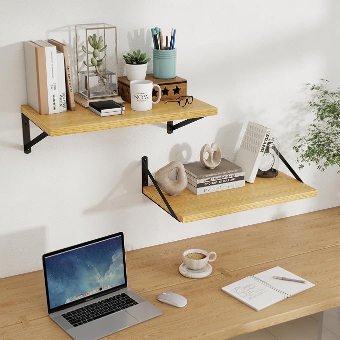 Floating Shelves 12 Inch Deep, 24W x 12D Wall Shelf Set of 2, 50 lbs Heavy Duty Reversible Metal Brackets, Deep Industrial Book Shelf for Living Room Kitchen Bath Bedroom Coffee Bar, Oak