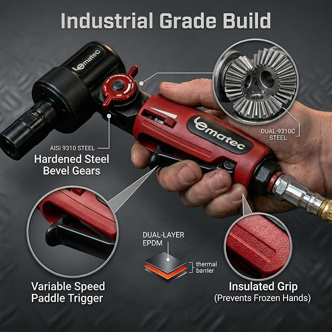 LE LEMATEC Pneumatic Die Grinder, Adjustable 90 Degree Air Angle Tool | 20000 RPM, swivel head, 1/4 collet, metal grinding, porting, weld prep, quiet