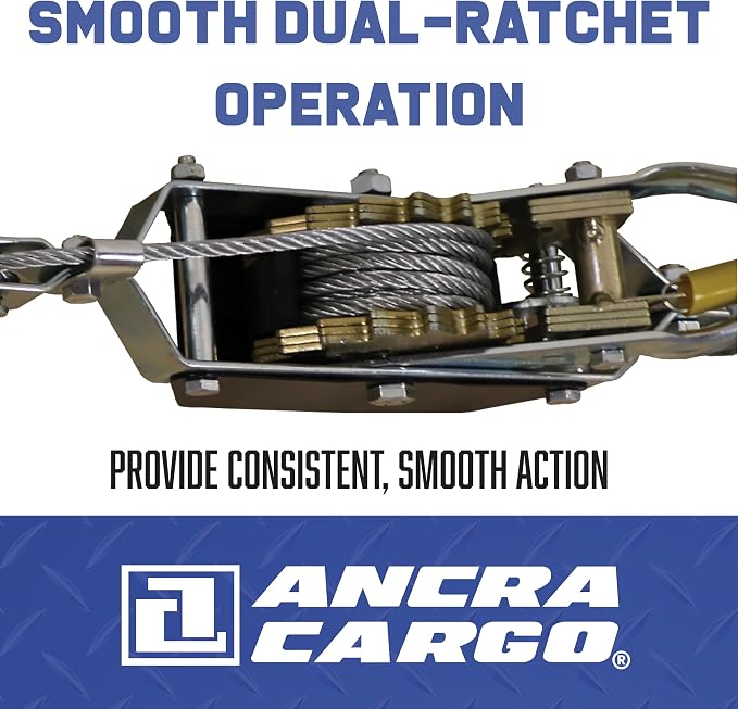 Ancra Cargo Cable Puller, Double Line 2-Ton Standard, 3/16" Aircraft Grade Galvanized Steel Cable with Pulley Block, Drop-Forged Steel Slip Hooks with Included Safety Latch