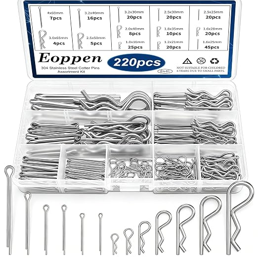 220Pcs Cotter Pin Assortment Kit - 304 Stainless Steel 13 Sizes Cotter Pins & R Clips Cotter Pin Set for Hitch Pin Lock Systems