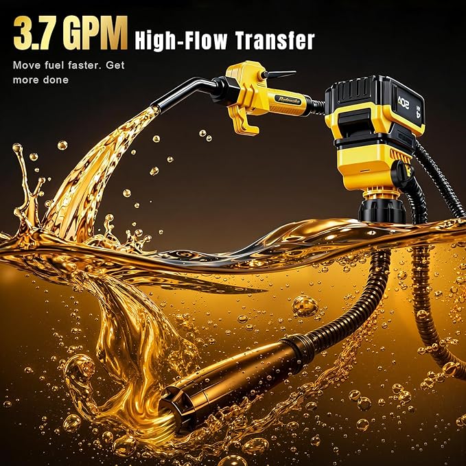 Fuel Transfer Pump for DeWalt 20V Batteries, Cordless 3.7 GPM Flow | Gas Can Pump Kit with Locking Nozzle, 3 Adapters for Gasoline, Diesel, Kerosene & Light Oil, Battery Not Included