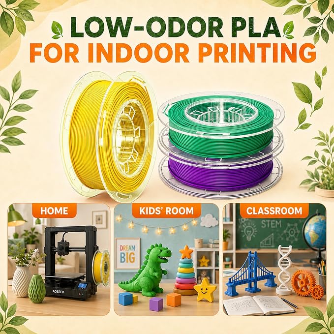 AOSEED PLA Filament Set 1.75mm (±0.02mm), 4-Pack, 200 g (0.44 lb) per Spool | Multi-Color Bundle for Most FDM 3D Printers, Low-Odor, Safety-Tested, Tangle-Free & Moisture-Protected for Home & Classroom