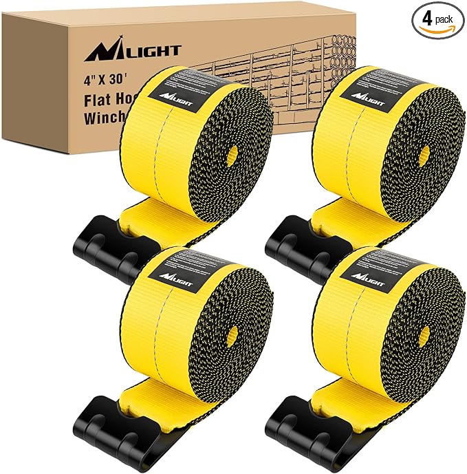 Nilight Truck Straps 4" x 30' Heavy Duty Tie Down with Flat Hooks 16800LBS Break Strength & 5400LBS WLL for Flatbed Trailer Cargo Control Recovery Tree Saver Bright Yellow (4 Pack)