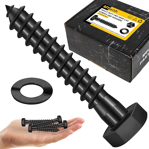 Mywish (50Sets) 3/8" x 2" Lag Bolts, 304 Stainless Steel 3/8 inch Lag Screws Bolts for Wood, Heavy Duty Hex Head with Flat Washers Bolt Kit, Black Oxided