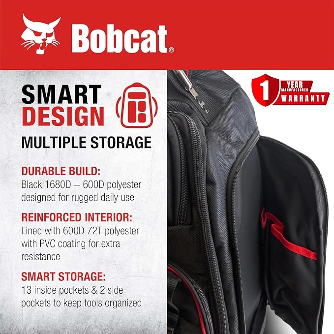 Bobcat Tool Organizer Backpack, EVA Hard Pocket, Large Capacity Storage for Electricians & Technicians, Heavy Duty Mobile Tool Bag (Black/Red Rolling tool Bag)