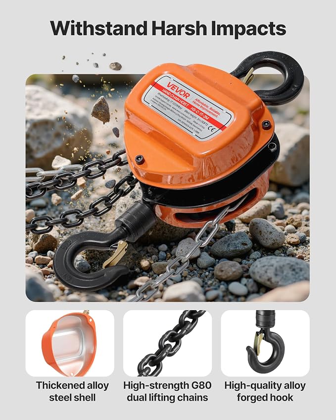 VEVOR Hand Chain Hoist, 1 Ton 2200 lbs Capacity, Manual Chain Block with Upgrade G80 Galvanized Chain, 10 ft Lifting Height, Heavy Duty Pulley Hoist for Garage Warehouse Automotive Machinery, Orange