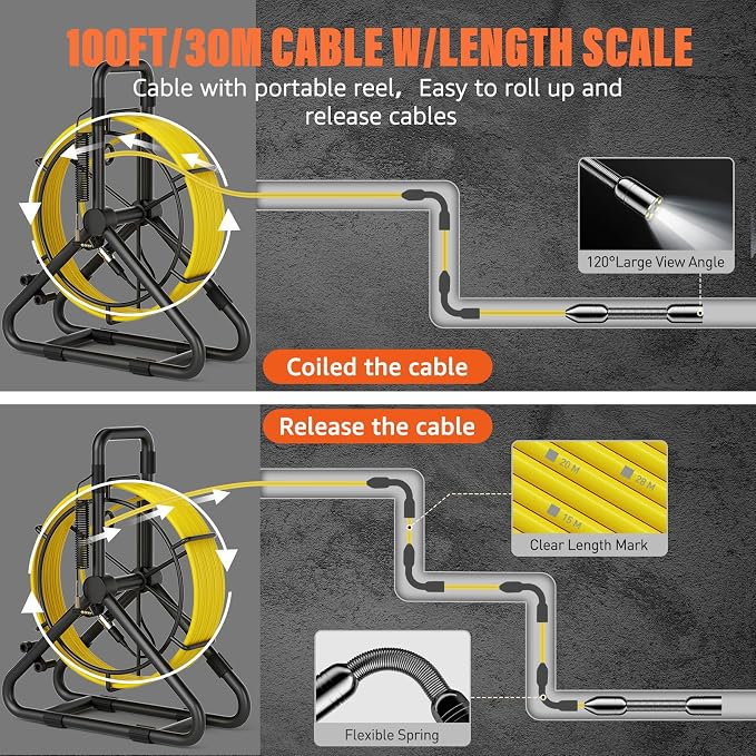 Sewer Camera 100FT, Sewer Pipe Inspection Camera,can Zoom in and Out, 5" 1080P Screen & DVR, 5000mAh Battery, IP68 Waterproof, 6 LED Lights, 32GB Card