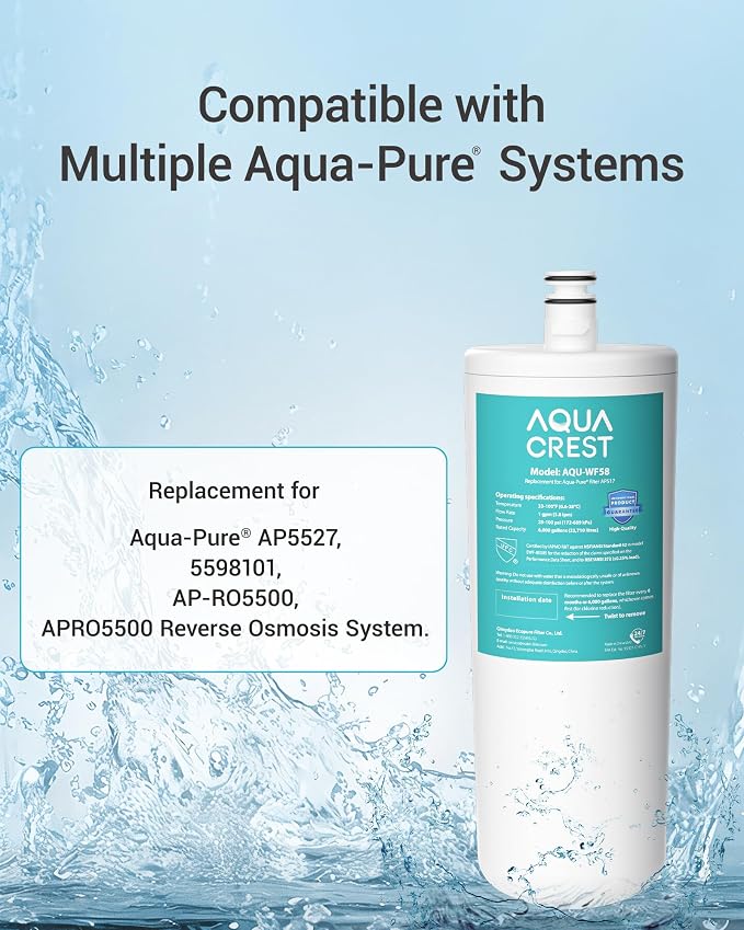 AQUA CREST AP517 Under Sink Water Filter, Replacement for Aqua-Pure® AP517, AP51711, AP510, AP517EA, NSF/ANSI 42 Certified, 6000 Gallons Extended Lifespan, More Pure Enjoyment, 1 Pack