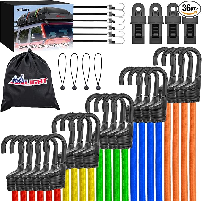 Nilight Ultimate Outdoor Bungee Cord Assortment - Heavy Duty Set of 36 (18" 24" 32" 40" 48") with Hooks for Camping Securing and DIY