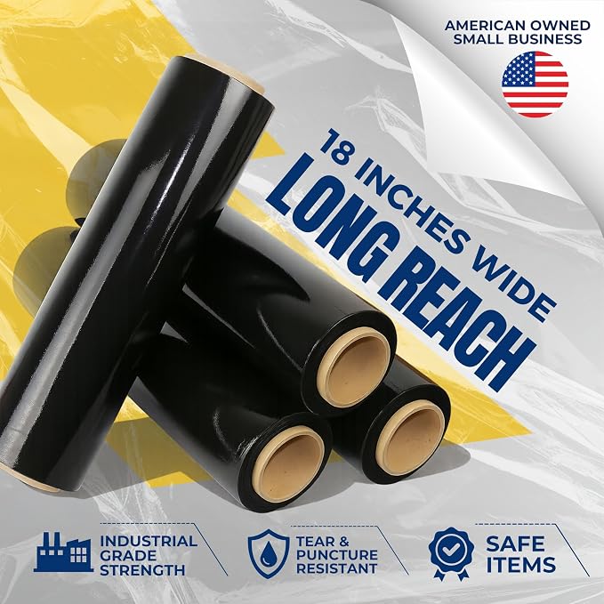 Stretch Film Wrap - Black, 18"x1500 ft, 80 Gauge – 4 Rolls Heavy Duty Pallet Wrap Stretch Wrap Roll for Packing, Moving & Shipping – Industrial Strength Durable Self Adhering Shrink Wrap Roll