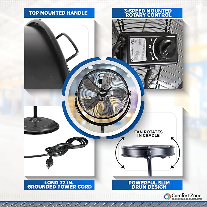 Comfort Zone 20-Inch High-Velocity Industrial Pedestal Fan – Heavy-Duty All-Metal Shop Fan with Aluminum Blades, 3-Speed Slim Profile Stand Fan, 180° Tilt & Adjustable Height for Garage or Warehouse
