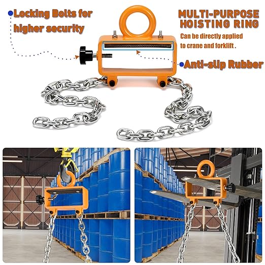55 Gallon Drum Lift - Chain Drum Lifter - 2200 lbs Capacity - Upgraded Carbon Steel Hook with Built-in Spring Suitable for Plastic and Metal Drums - This Product is Protected by a US Patent.