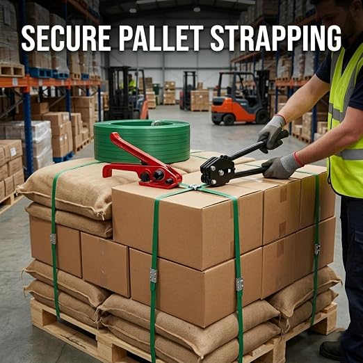 Pallet Packaging Banding Strapping Kit with 1000ft 5/8'' Polyester (PET) Strapping and 100Pc Metal Seals