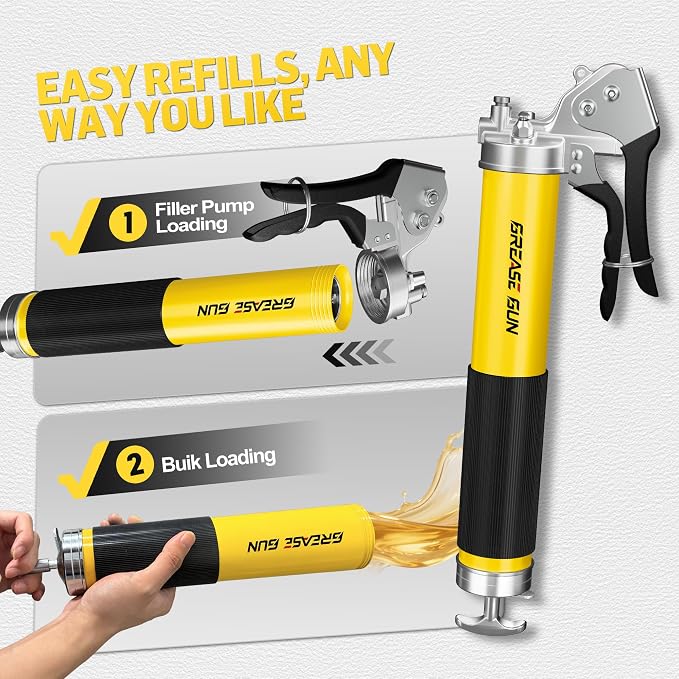 Pneumatic Grease Gun Kit,10000 PSI Heavy Duty Pistol Grip Grease Gun with 14 oz Capacity, 2×18 Inch Resin Flex Hoses, 4 Versatle Couplers & Extension Rigid Pipe, Ideal for Automotive, Marine
