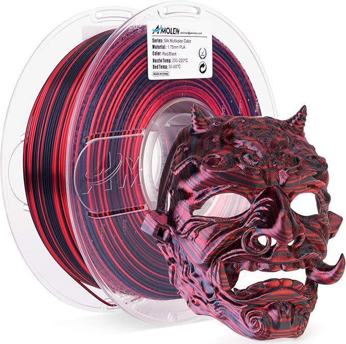 AMOLEN Silk PLA 3D Printer Filament, Shiny Multicolor Rainbow PLA 1.75mm for Creative & Decorative, Fast Color Change Printing Filament for Beginner, Black Red, 1kg (2.2lbs)