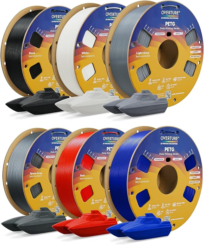 OVERTURE PETG Filament 1.75mm Bundle 6kg, High Speed 3D Printer Filament, Neatly Wound & Clog-Free, 6 Pack 1kg(2.2lbs), Accuracy +/- 0.02mm, Fit Most FDM Printers (6 Color (6-Pack))