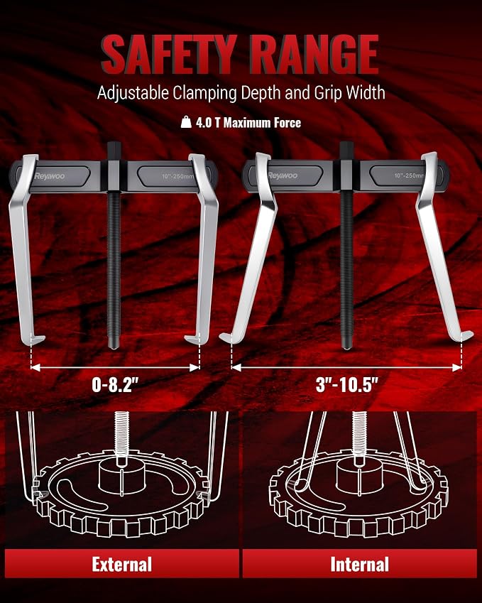 Reywoo 10" 2-Jaw Gear Puller for External (8.2" Max) & Internal (10.5" Max) Pulling, Heavy-Duty Bearing, Flywheel, Pulley and Gear Remover Tool, Adjustable CR-V Steel