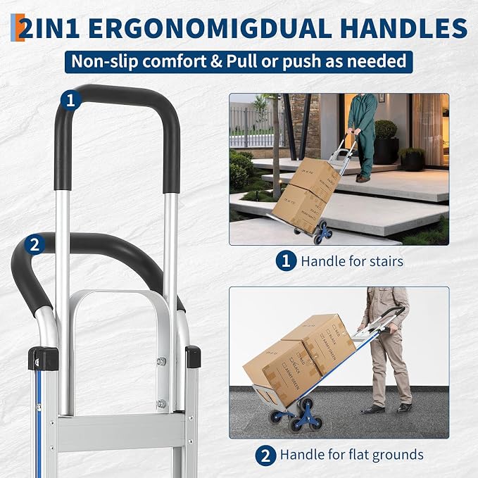 Aluminum Stair Climbing Cart,600 LBS 2 in 1 Heavy-Duty Aluminum Hand Truck with Extendable Base Plate, Dual Handles, 6 Wheels & 2 Elastic Ropes for Warehouse Shopping