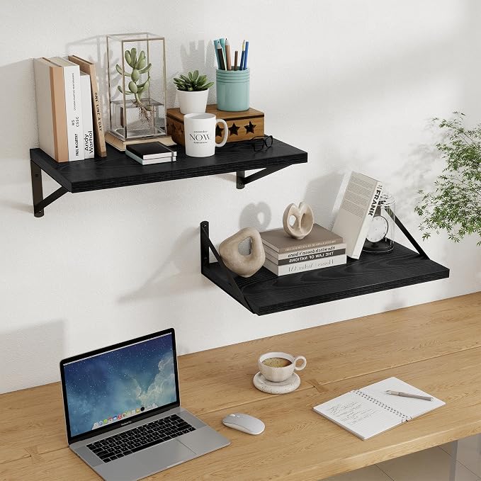 Floating Shelves 12 Inch Deep, 24W x 12D Wall Shelf Set of 2, 50 lbs Heavy Duty Reversible Metal Brackets, Deep Industrial Book Shelf for Living Room Kitchen Bath Bedroom Coffee Bar, Black