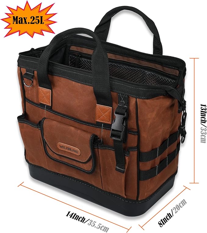 WELKINLAND 22-Pockets Hard Bottom Tool Bag, 14-Inch Waxed Canvas Tools Bag, 25L Heavy Duty Electrician Bags, HVAC Service Bags, Mechanic, Technician Tool Bag