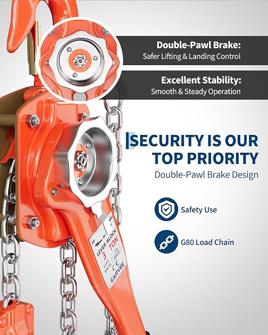 3 Ton (6600 LBS) Manual Lever Chain Hoist, 10 ft Heavy Duty G80 Galvanized Steel Come Along with Double-Pawl Brake & 360° Rotating Hooks for Garage Warehouse Construction Factory