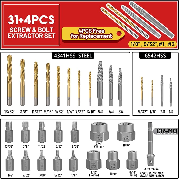 35 Pcs Spiral Screw Extractor Bolt Extractor Set, 6542/4341 HSS Left Handed Drill Bit Set, Easy Out Bolt Extractor Set for Removing Broken Stripped Screws Nuts with Solid Storage Case